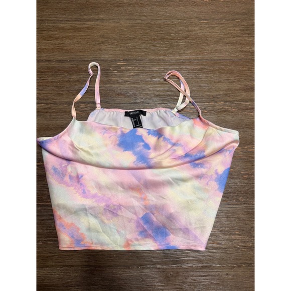 Forever 21 Tops - Forever 21 Tie Dye Cowl Neck Cami Top Pastel Pink Blue Satin Cropped Small